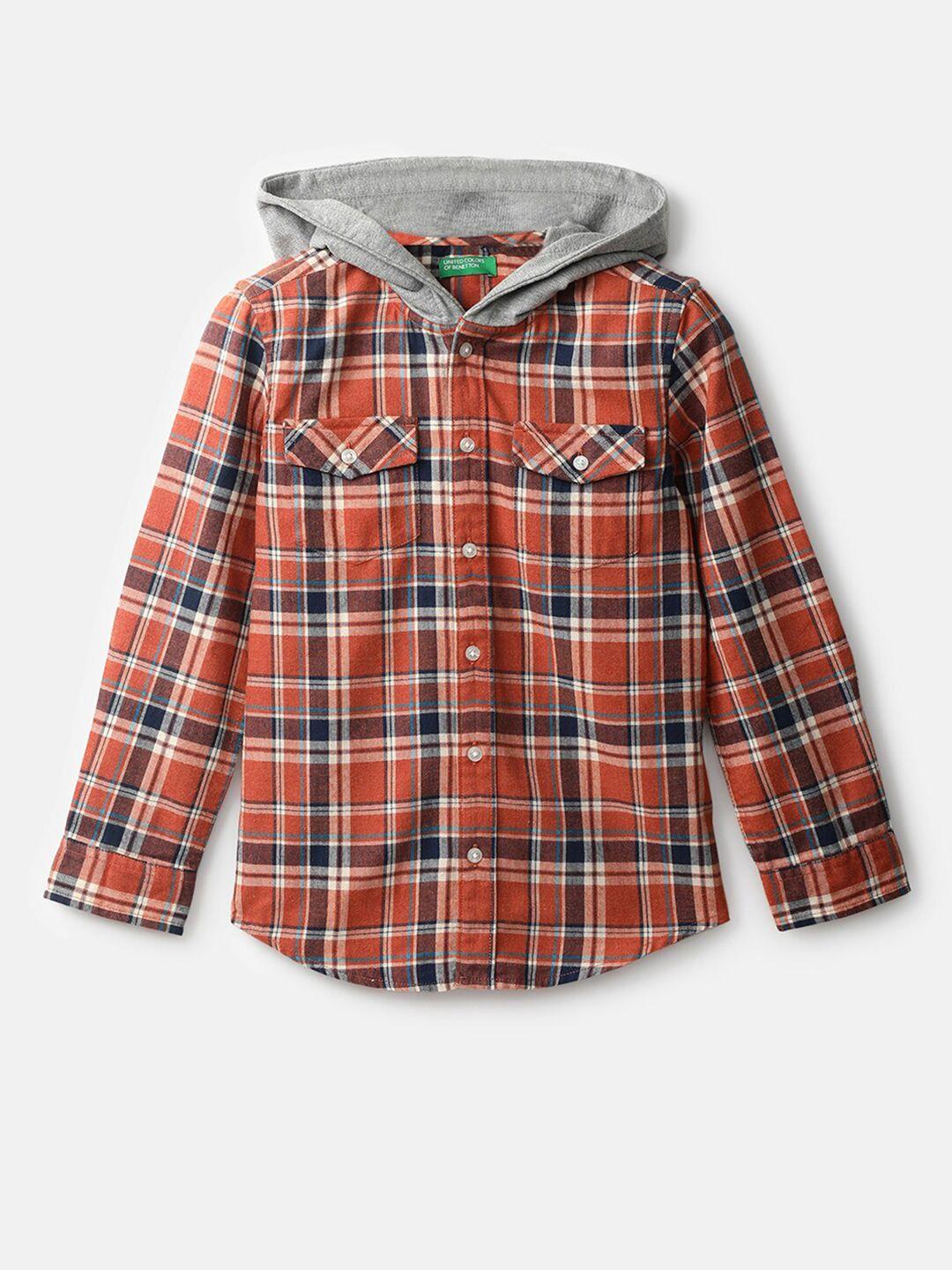 united colors of benetton boys rust tartan checked casual cotton shirt