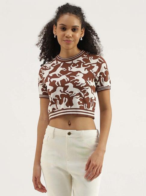 united colors of benetton brown cotton printed crop top