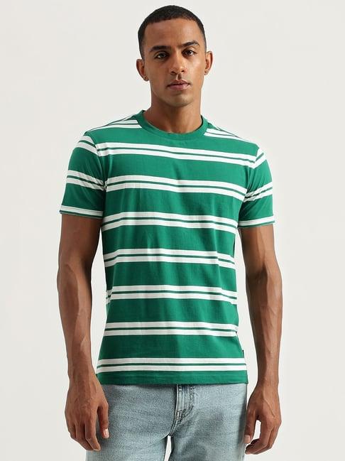 united colors of benetton green cotton regular fit striped t-shirt