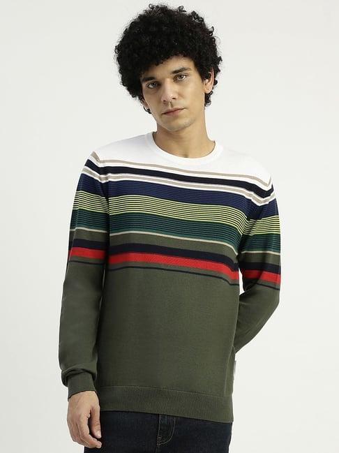 united colors of benetton green pure cotton regular fit striped sweater