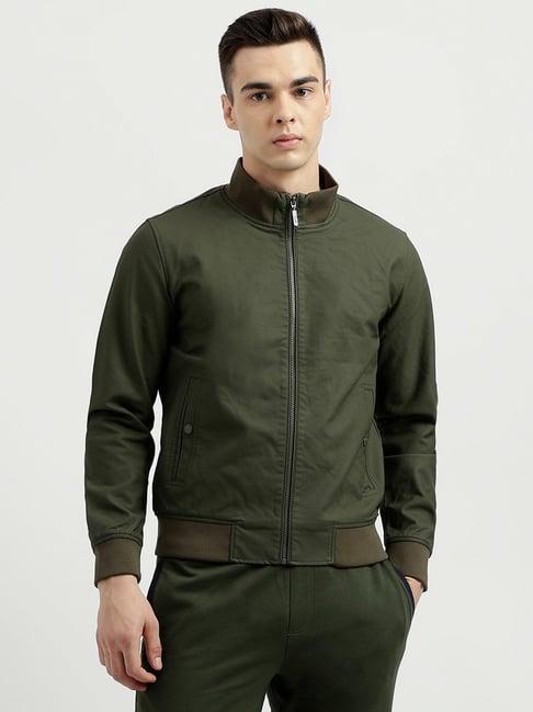 united colors of benetton green regular fit mock collar jacket