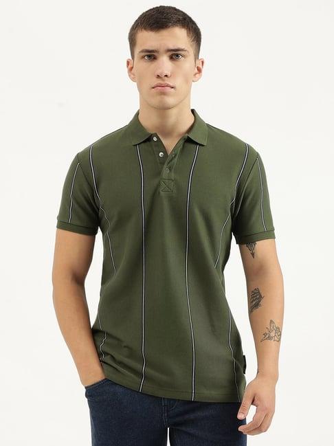 united colors of benetton green regular fit striped pure cotton polo t-shirt