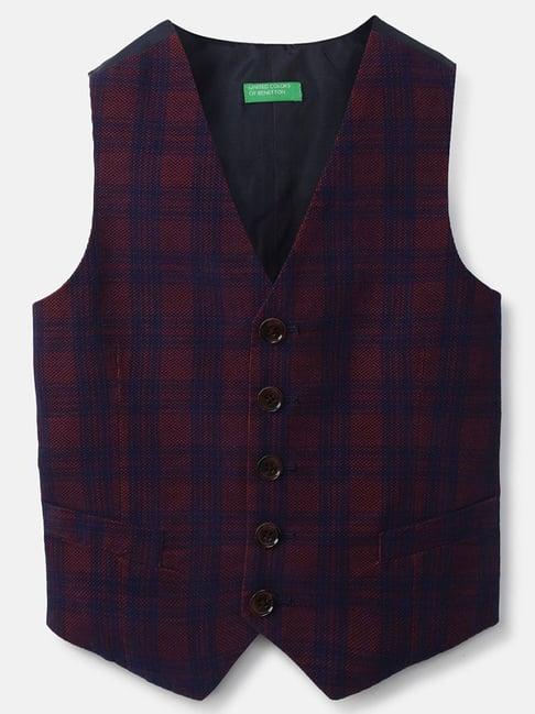 united colors of benetton kids blue & red cotton chequered waistcoat