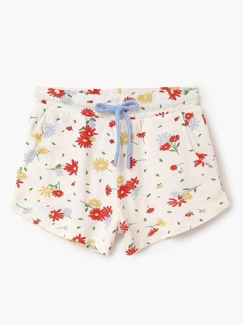 united colors of benetton kids cream & white cotton floral print shorts