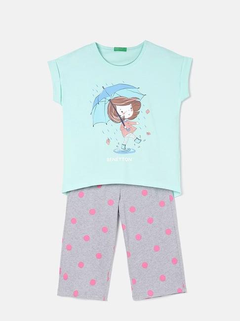 united colors of benetton kids mint green & grey printed t-shirt with culottes