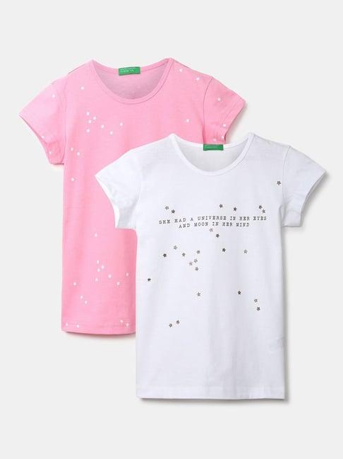 united colors of benetton kids pink & white cotton printed top
