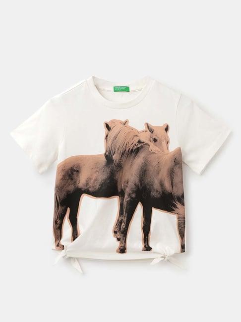 united colors of benetton kids white & brown cotton printed top