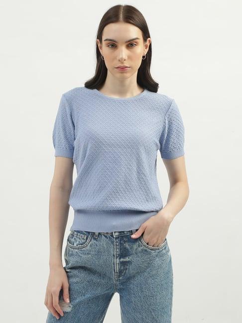 united colors of benetton light blue cotton regular fit sweater