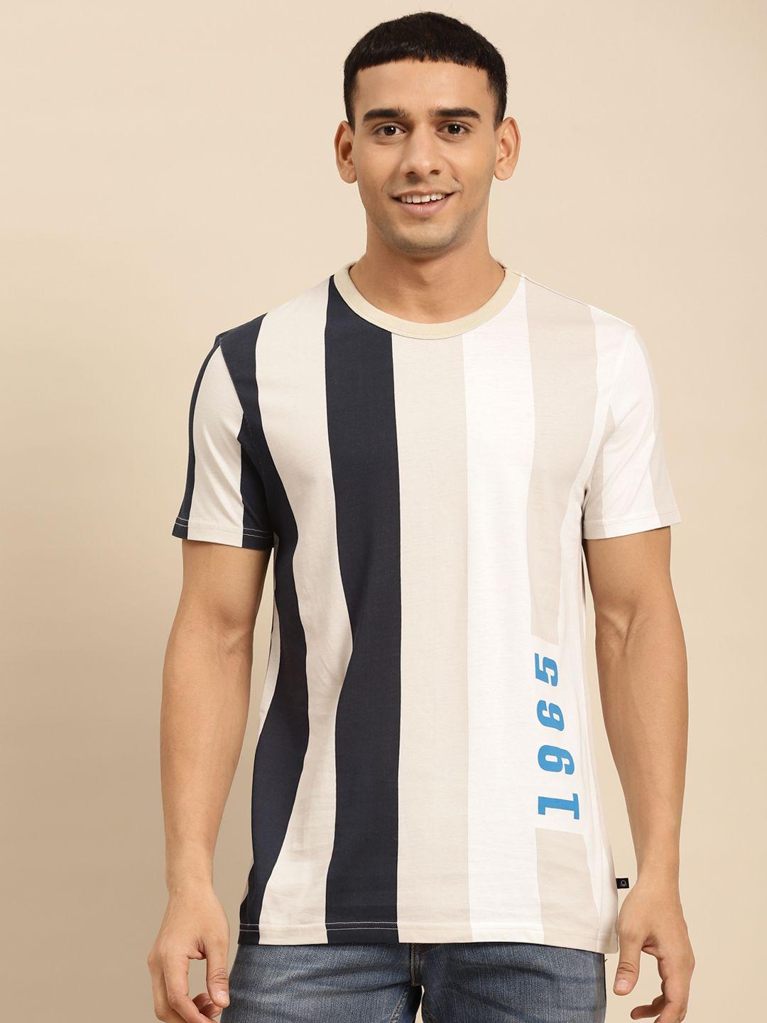 united colors of benetton men beige & navy blue striped pure cotton t-shirt