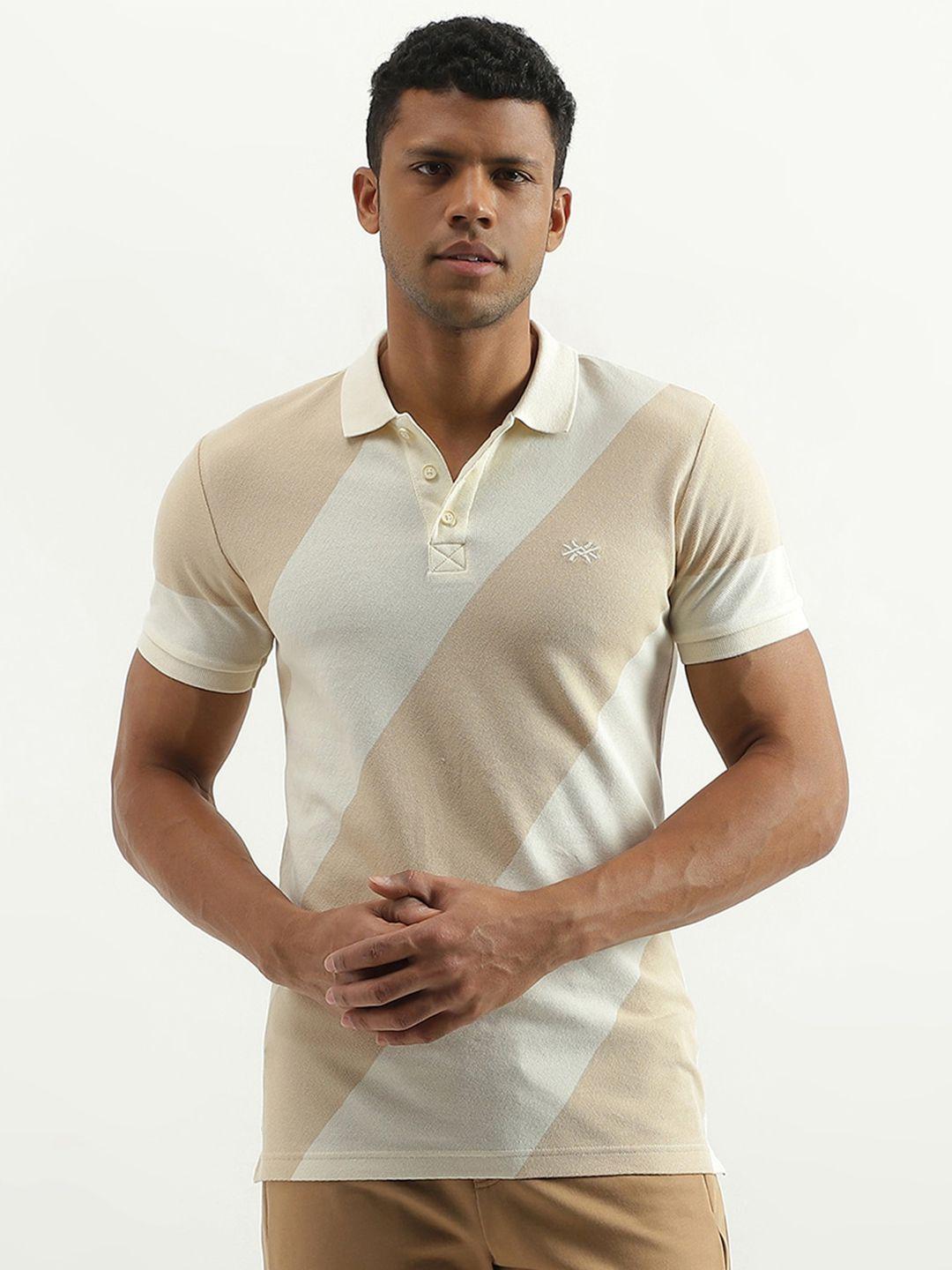 united colors of benetton men beige colourblocked polo collar pockets t-shirt
