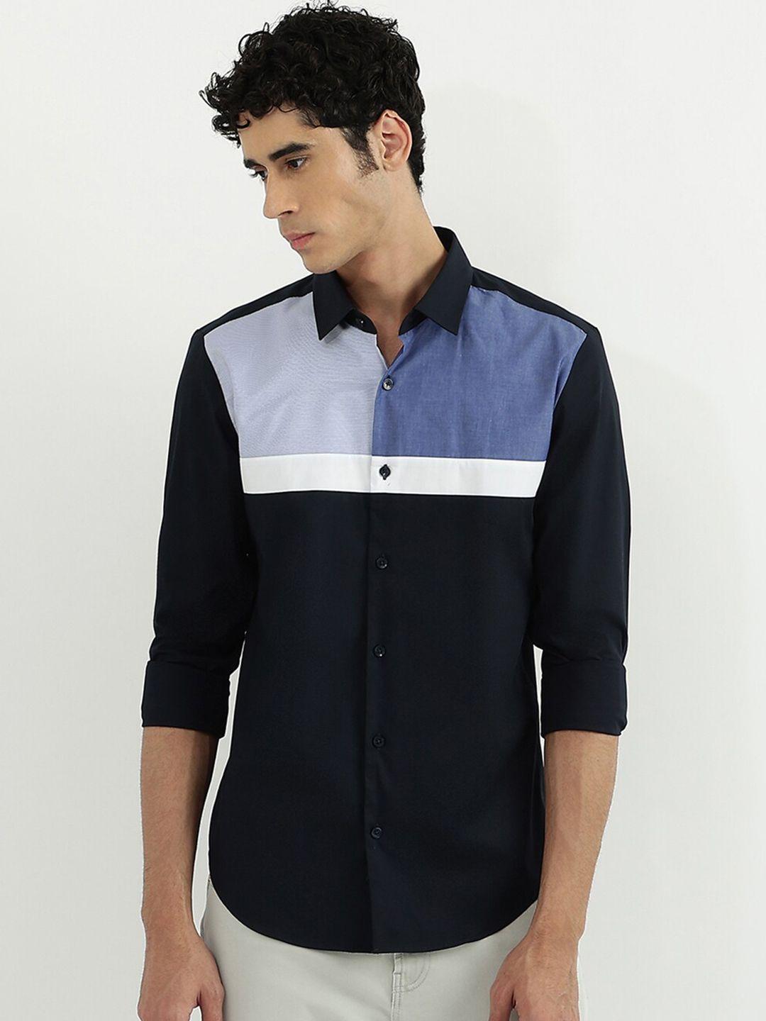 united colors of benetton men black & blue slim fit colourblocked casual shirt