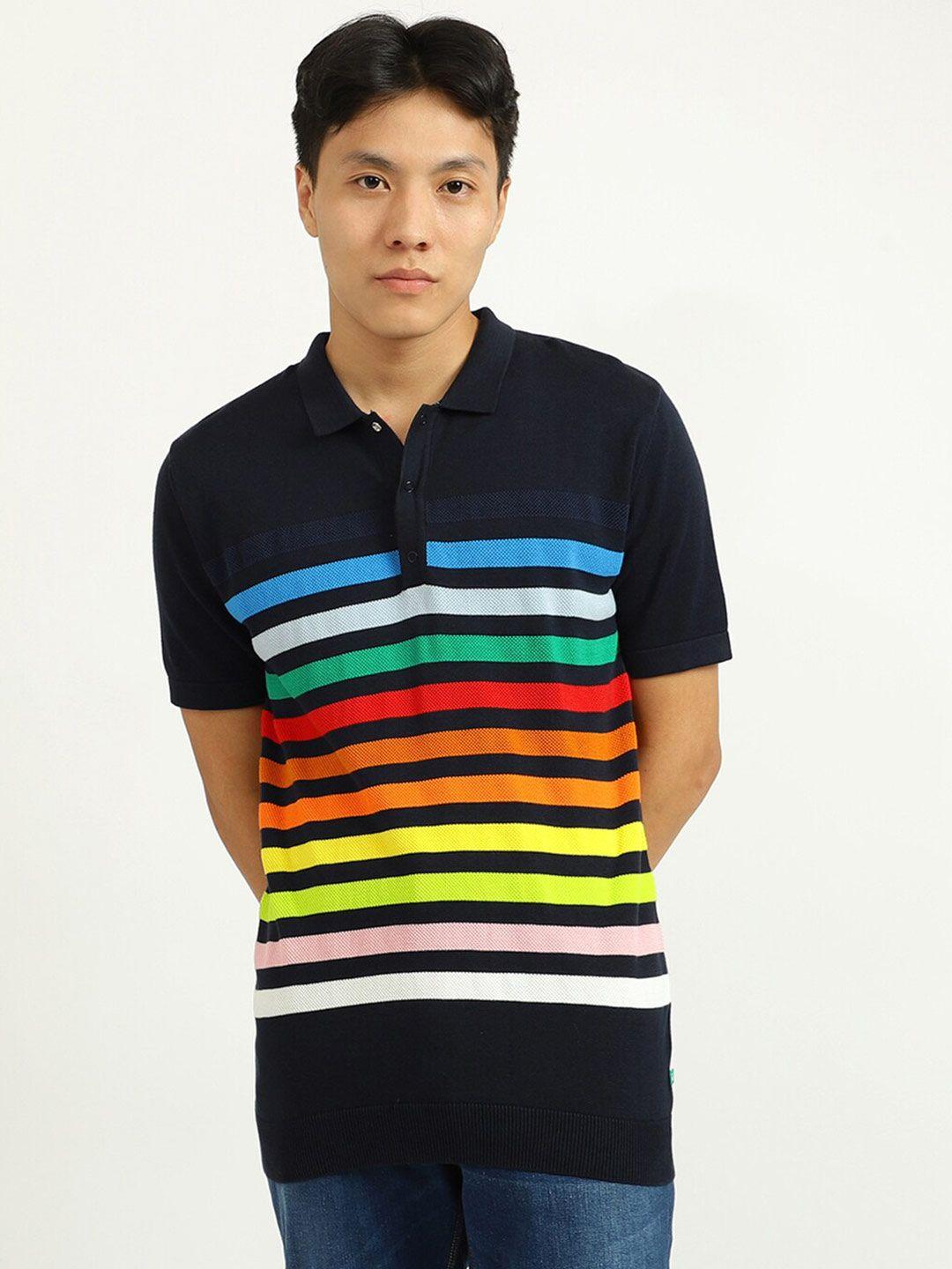 united colors of benetton men black & blue striped polo collar t-shirt