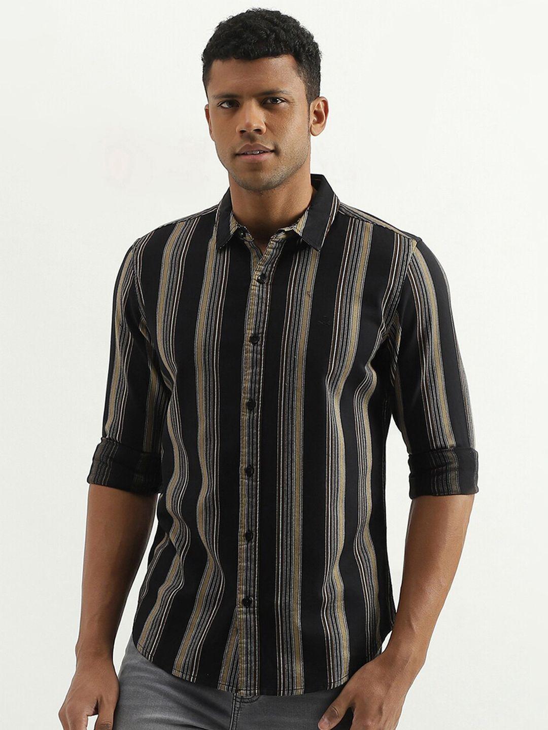 united colors of benetton men black slim fit opaque striped casual shirt