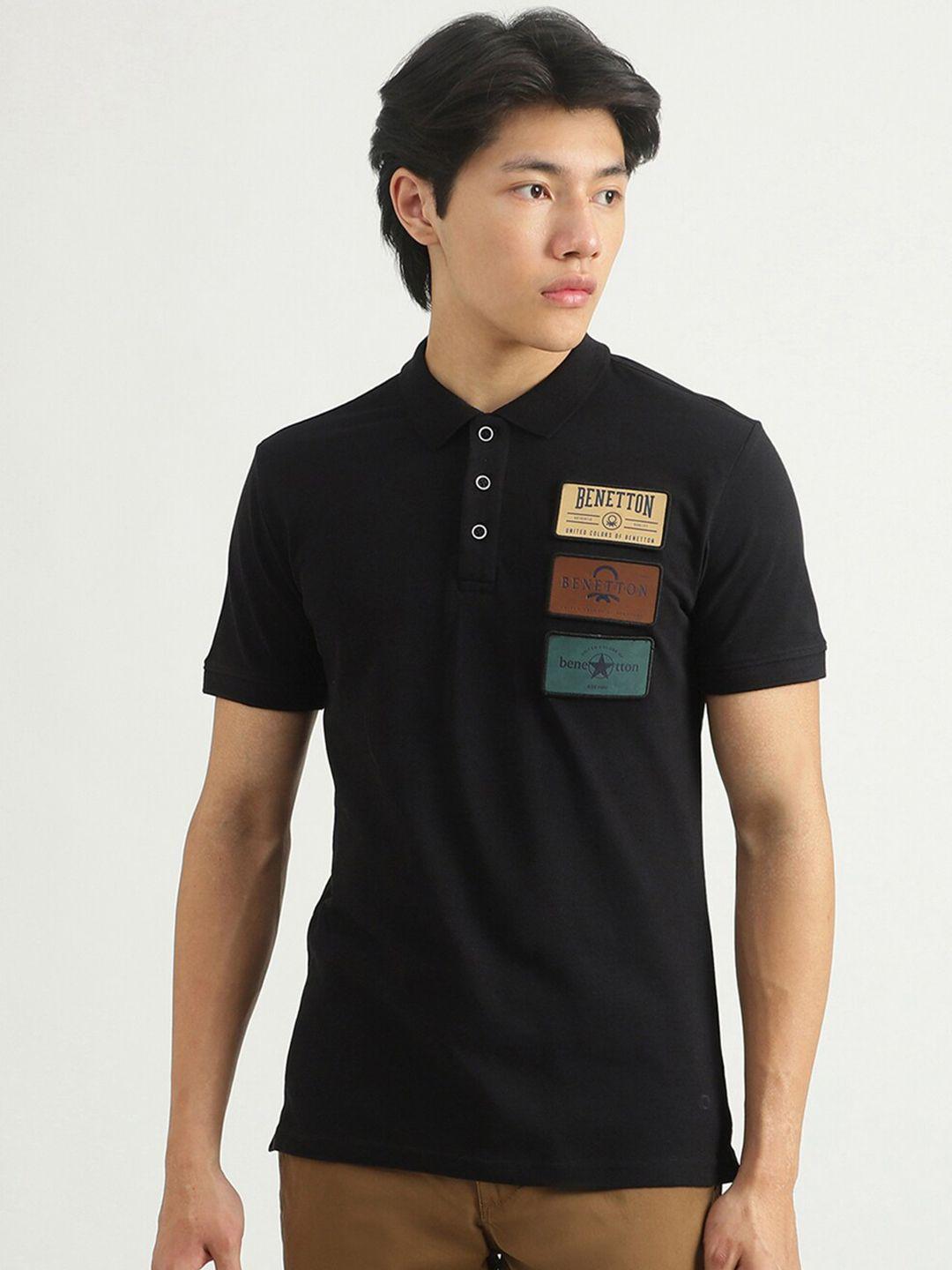 united colors of benetton men black typography polo collar applique t-shirt