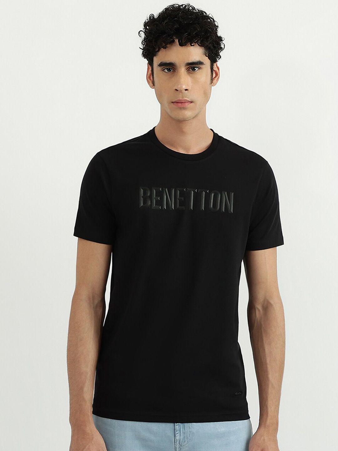 united colors of benetton men black typography printed applique cotton t-shirt