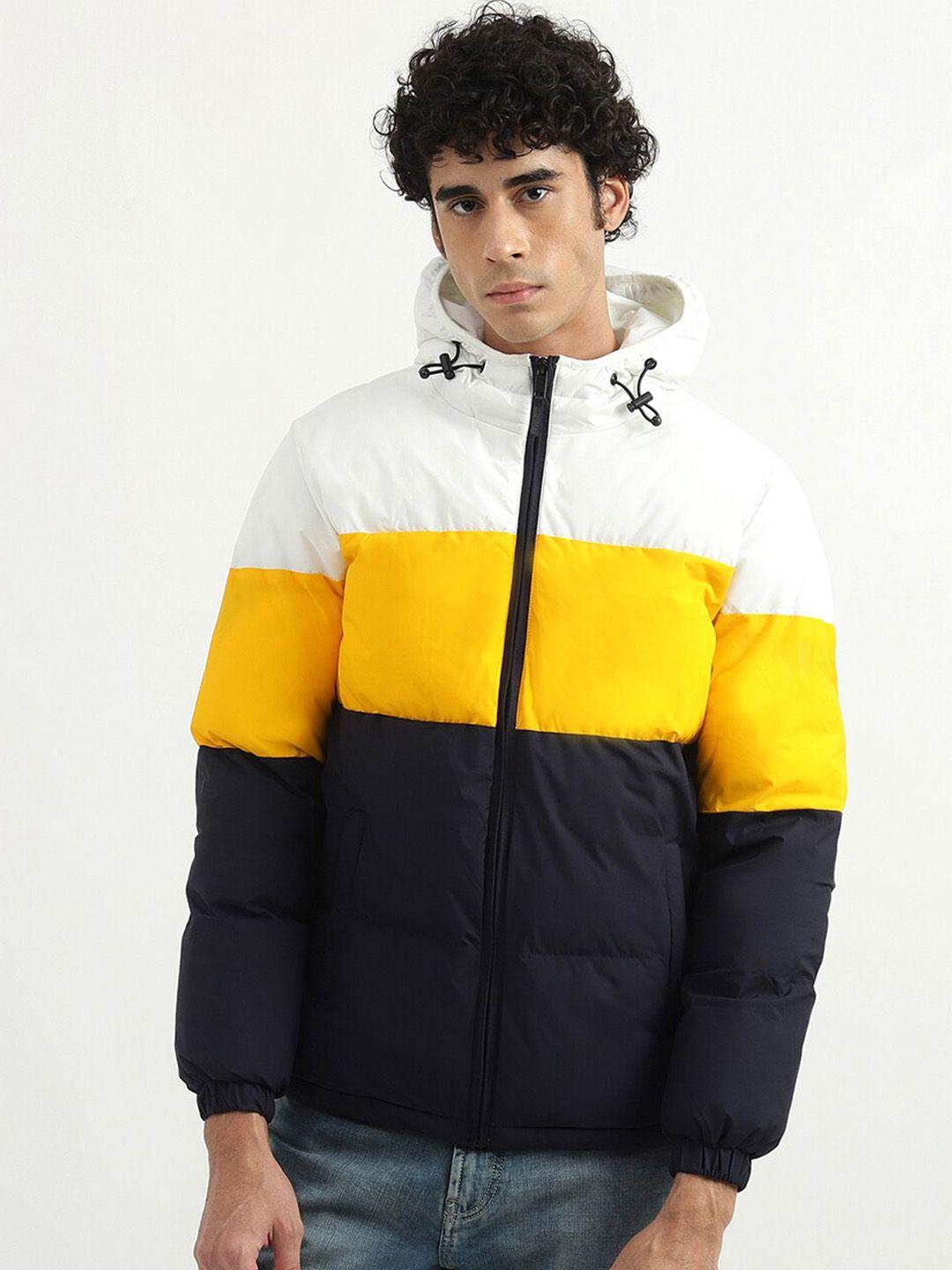 united colors of benetton men black yellow colourblocked puffer jacket