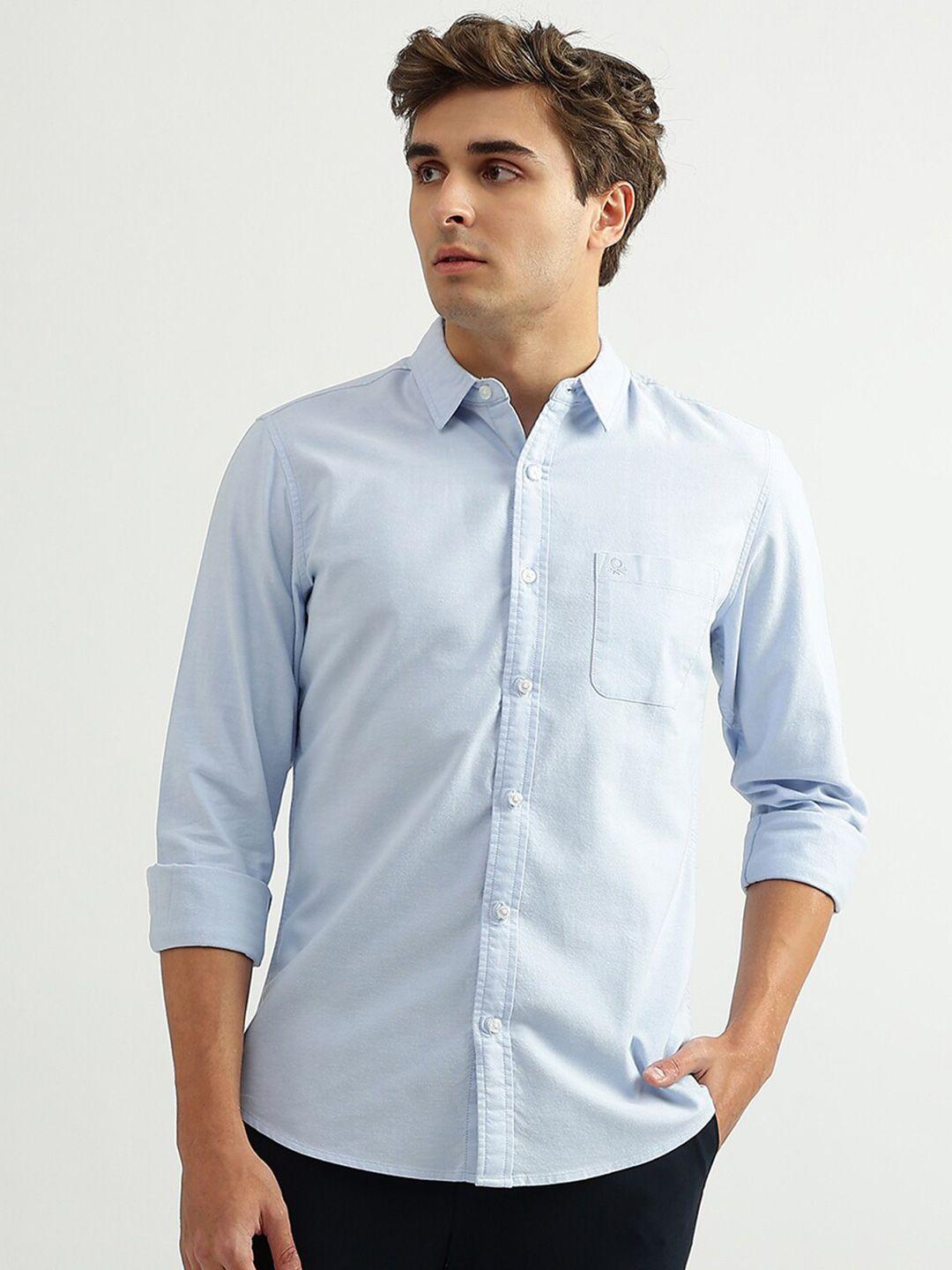 united colors of benetton men blue slim fit casual cotton shirt