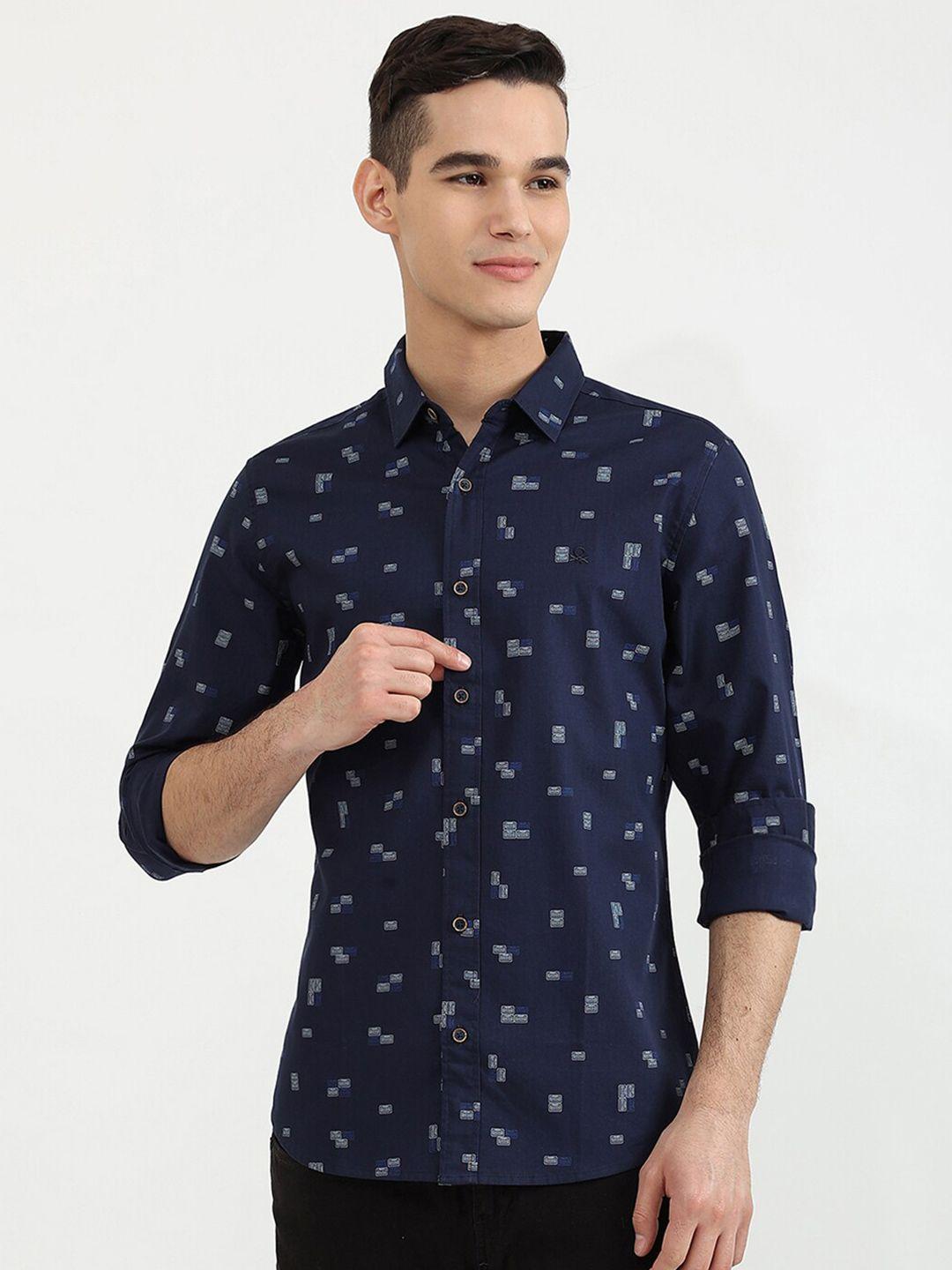 united colors of benetton men blue slim fit printed casual shirt