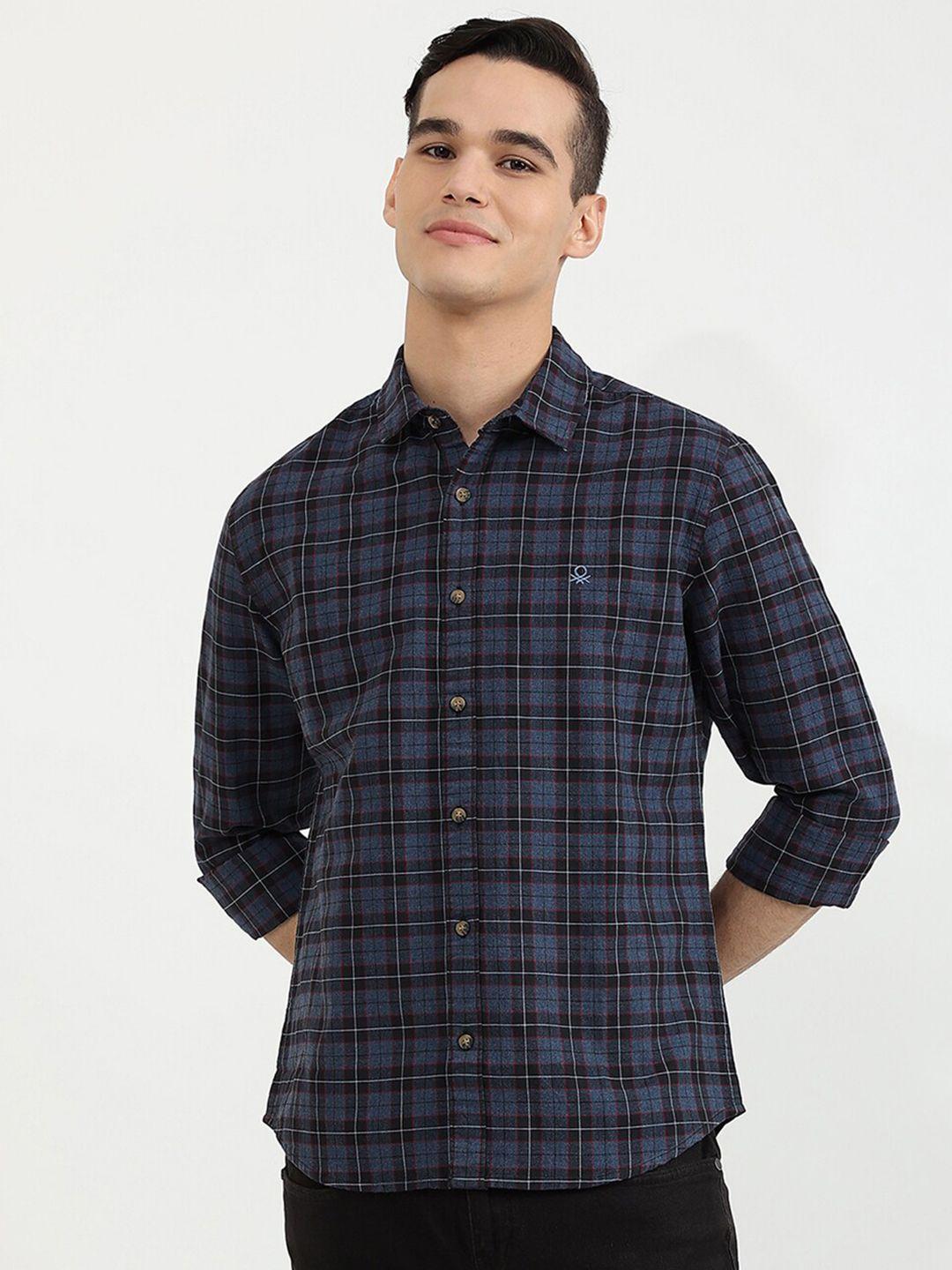 united colors of benetton men blue slim fit tartan checked casual shirt