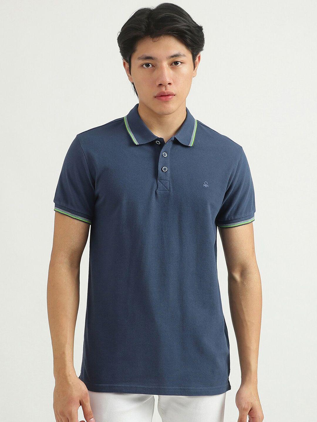 united colors of benetton men blue solid polo collar t-shirt