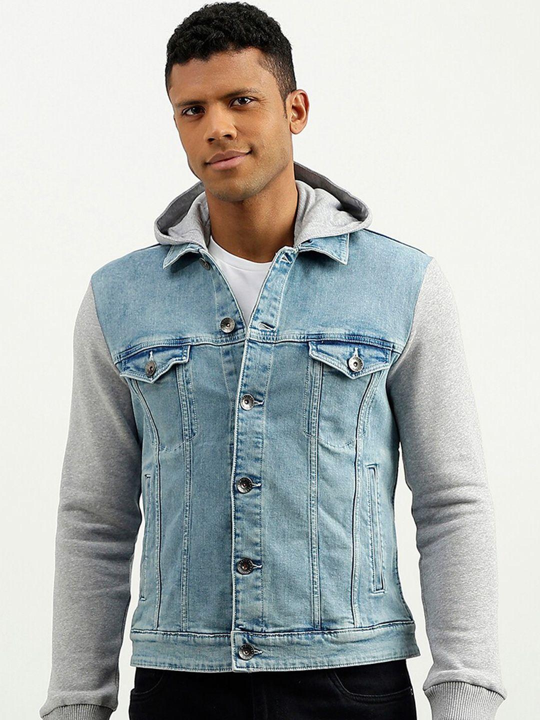 united colors of benetton men blue washed denim jacket with patchwork