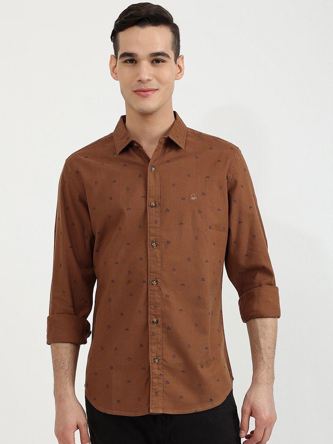 united colors of benetton men brown slim fit printed casual shirt