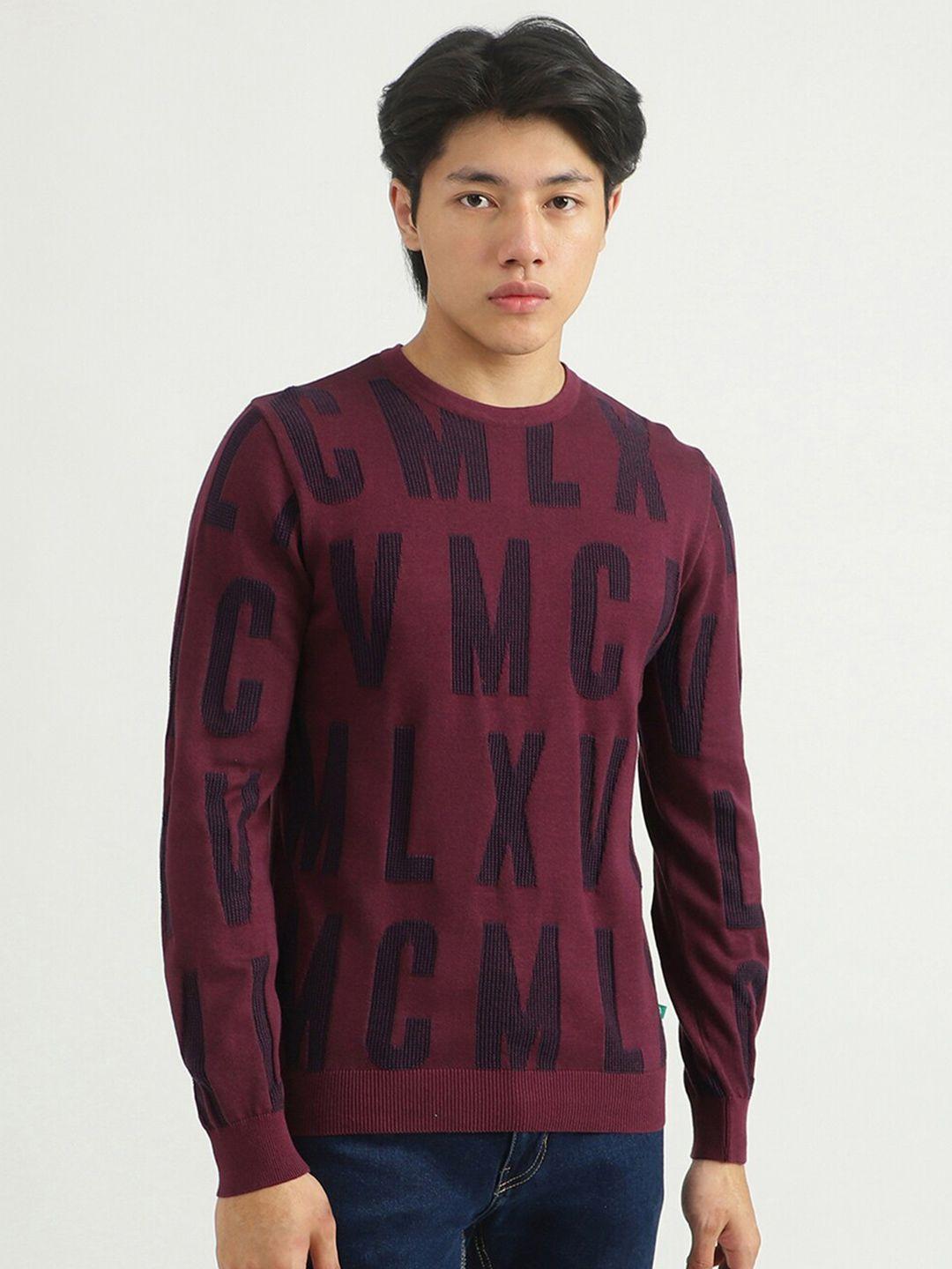 united colors of benetton men burgundy & black typography cotton printed pullover