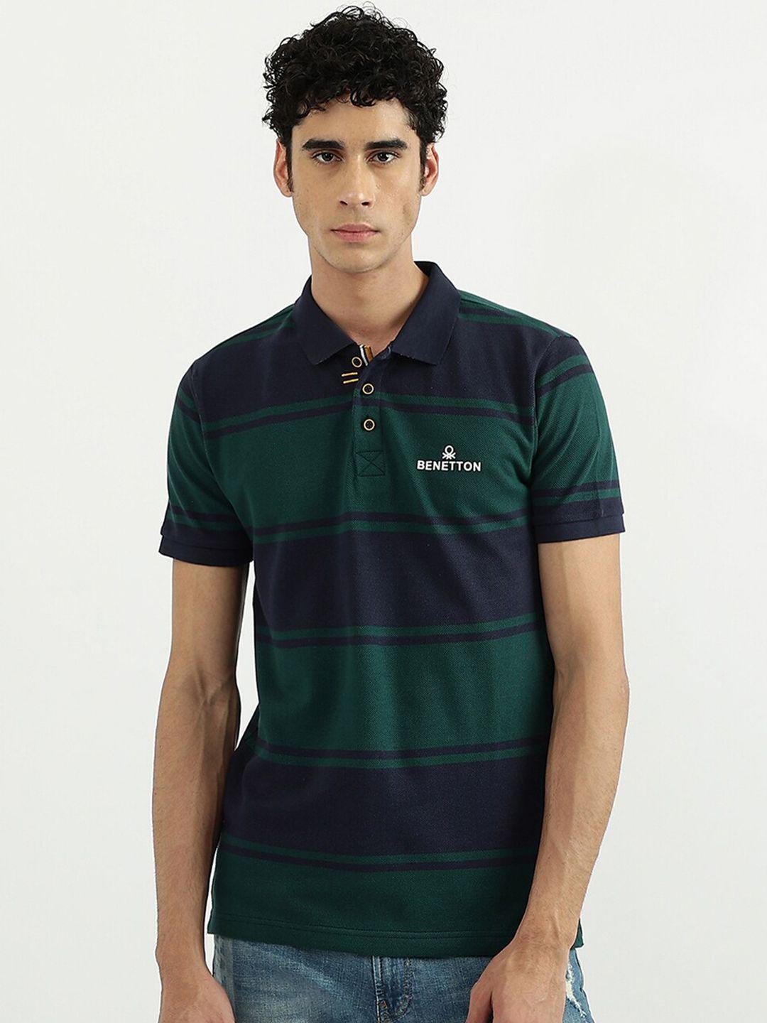 united colors of benetton men green & navy blue striped cotton polo collar t-shirt