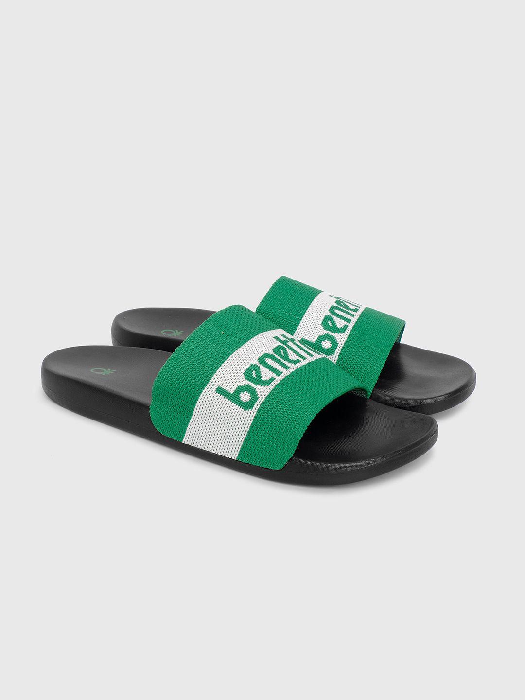 united colors of benetton men green & white colourblocked sliders