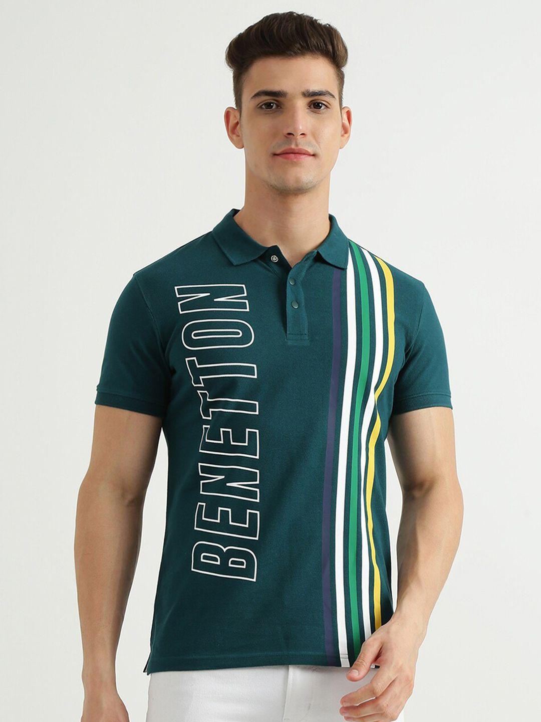 united colors of benetton men green typography printed polo collar t-shirt