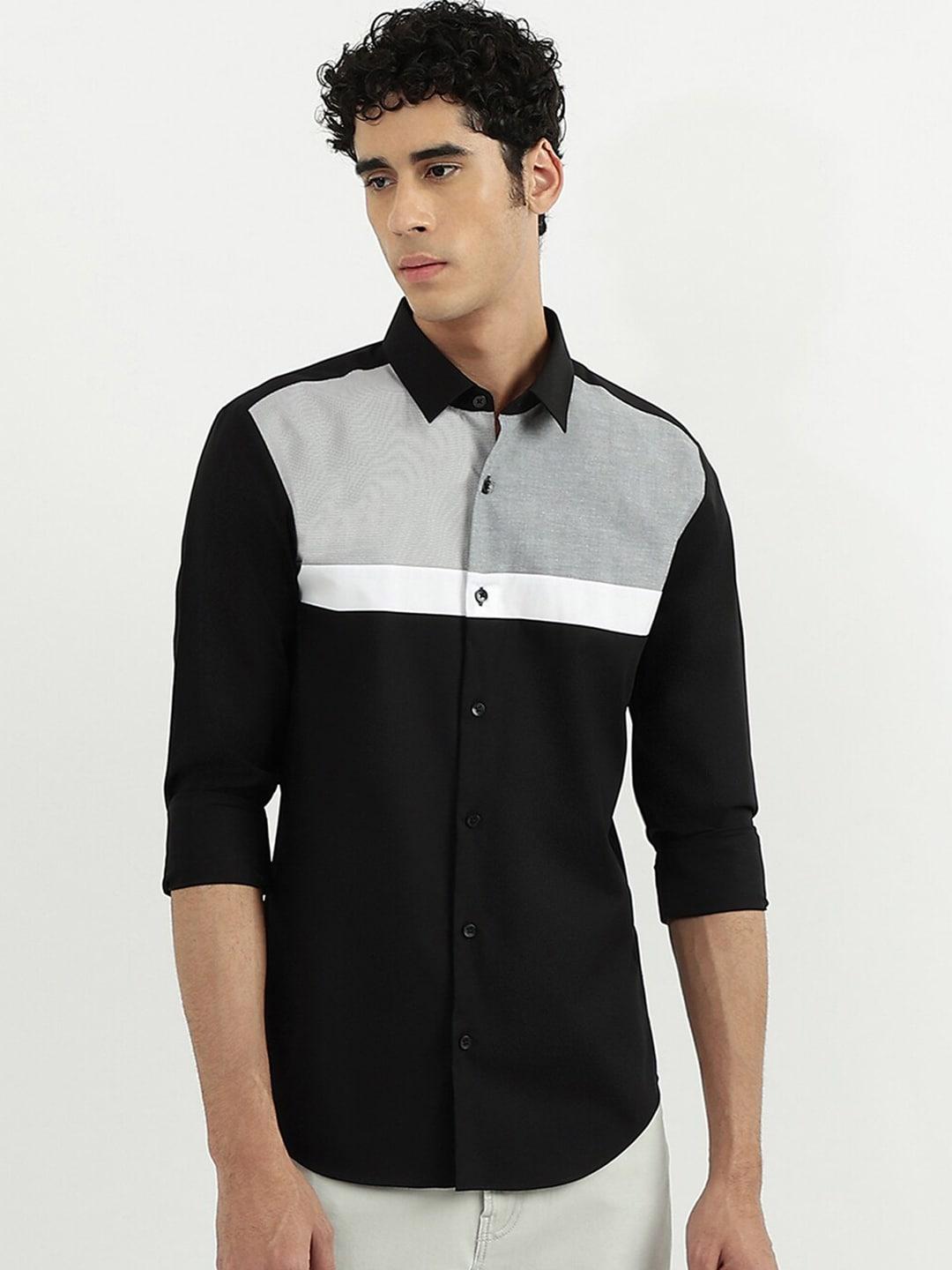 united colors of benetton men grey & black slim fit colourblocked casual shirt