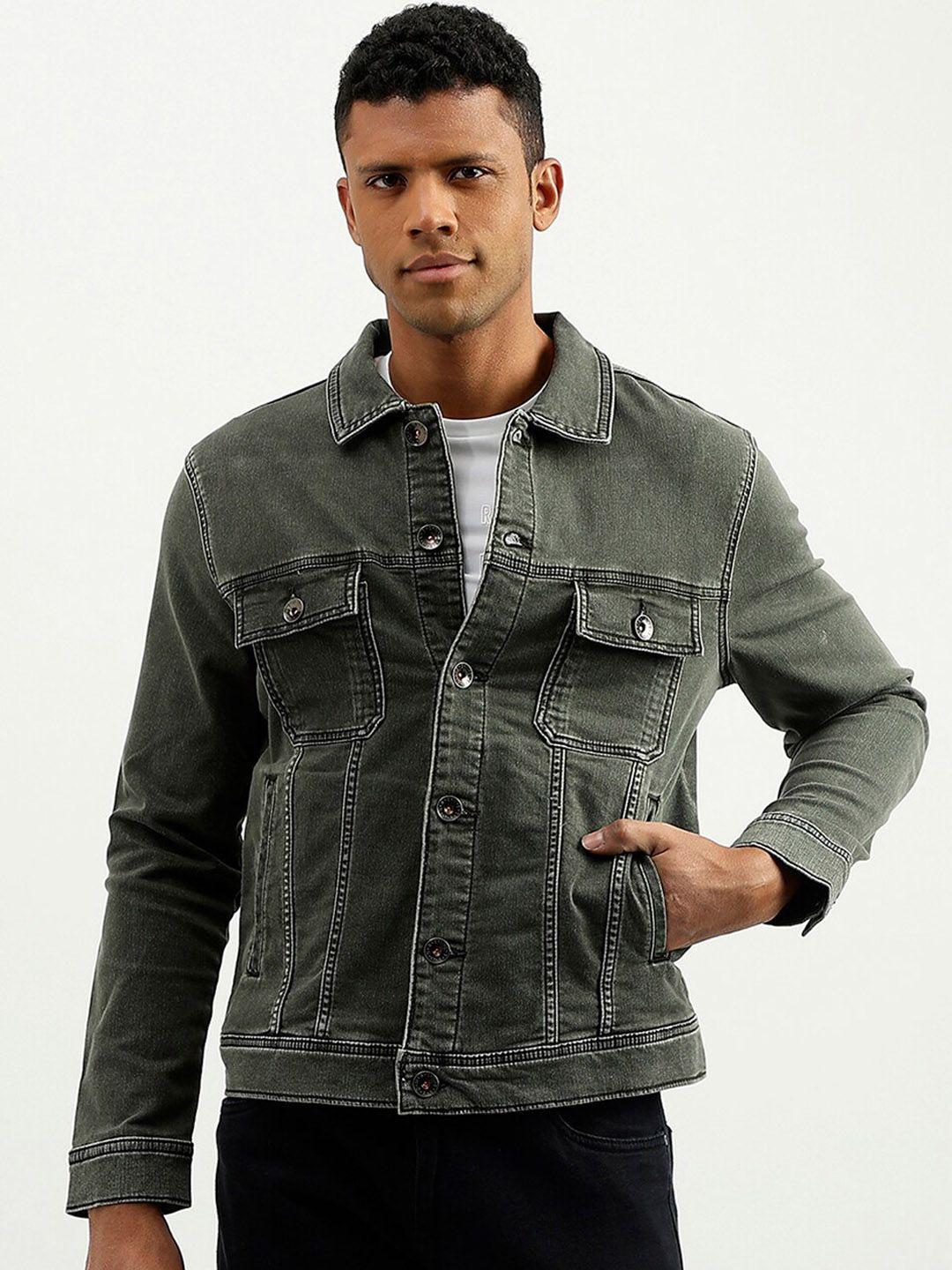 united colors of benetton men grey camouflage checked denim jacket with patchwork