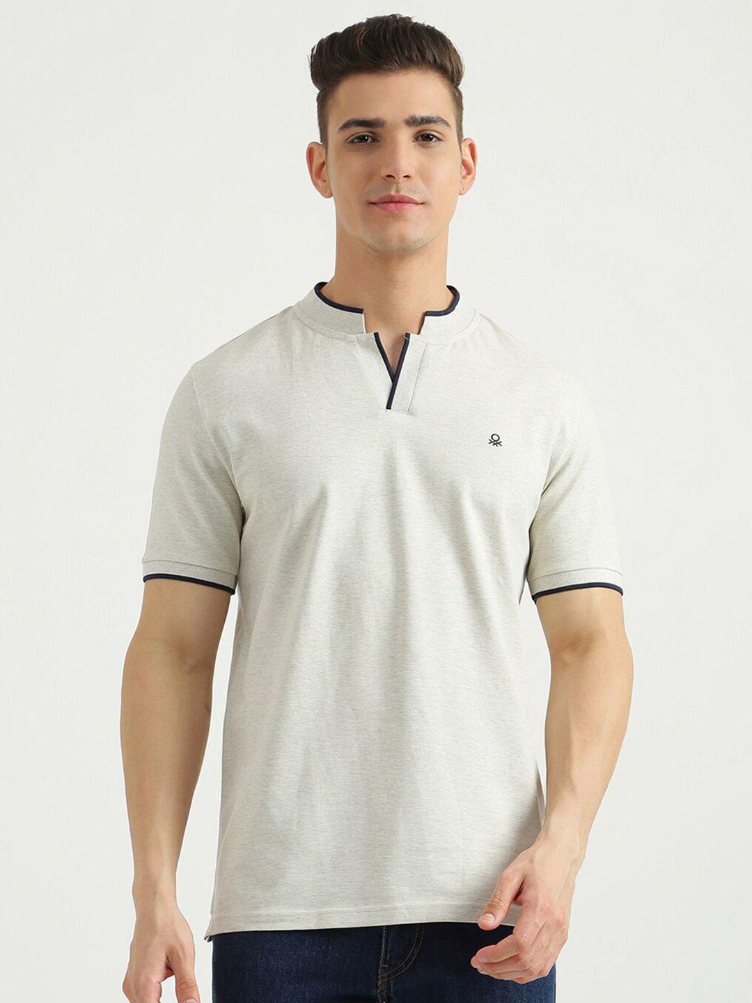 united colors of benetton men grey mandarin collar cotton t-shirt