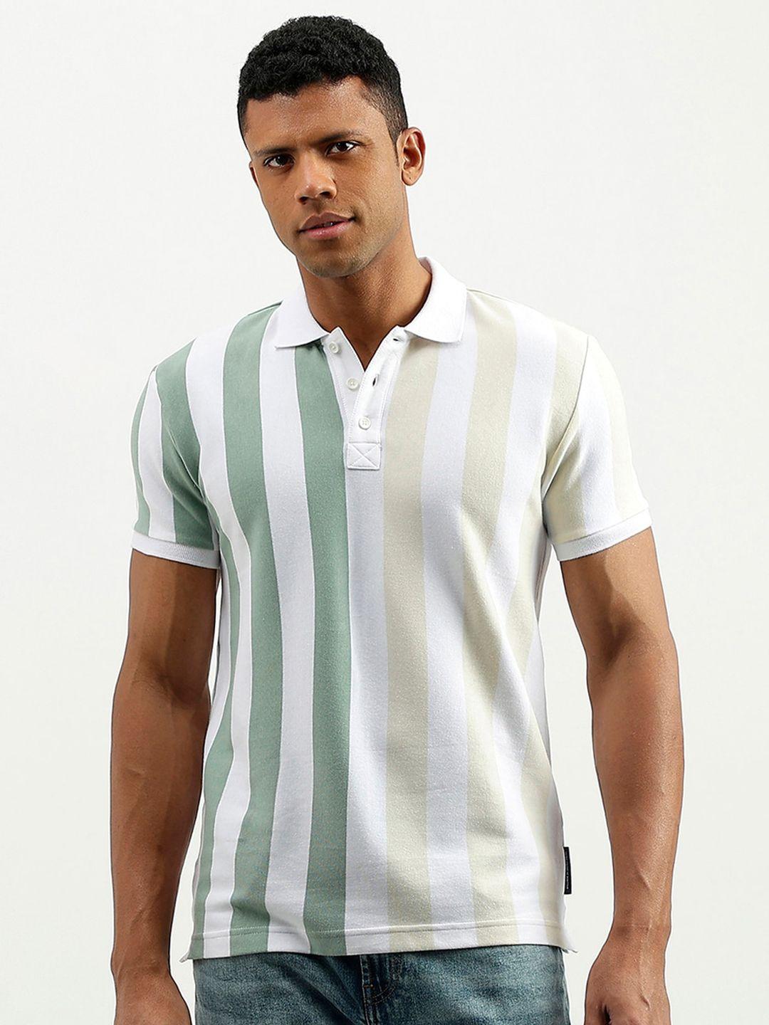 united colors of benetton men multicoloured striped polo collar applique t-shirt