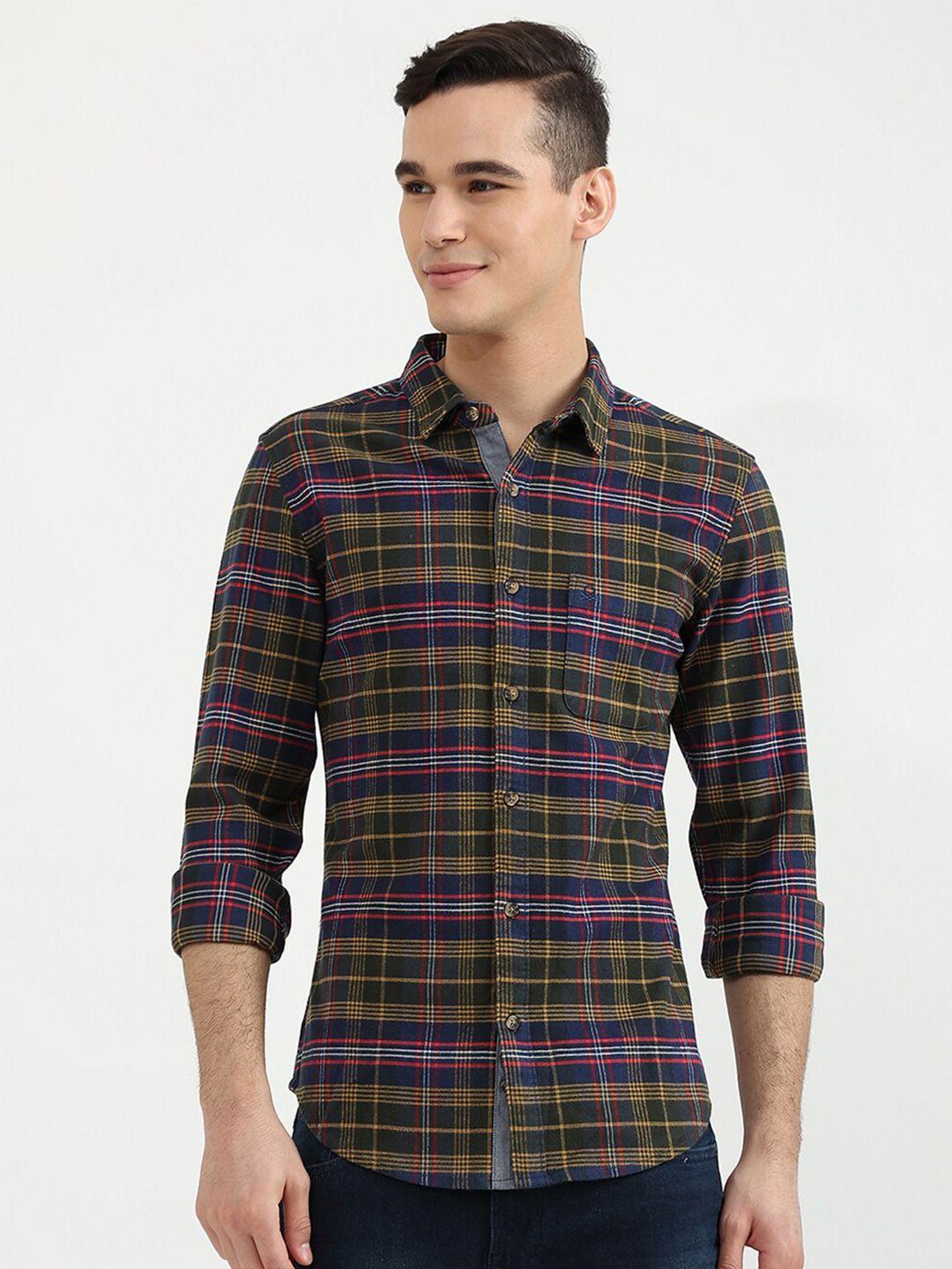 united colors of benetton men mustard slim fit tartan checked cotton casual shirt