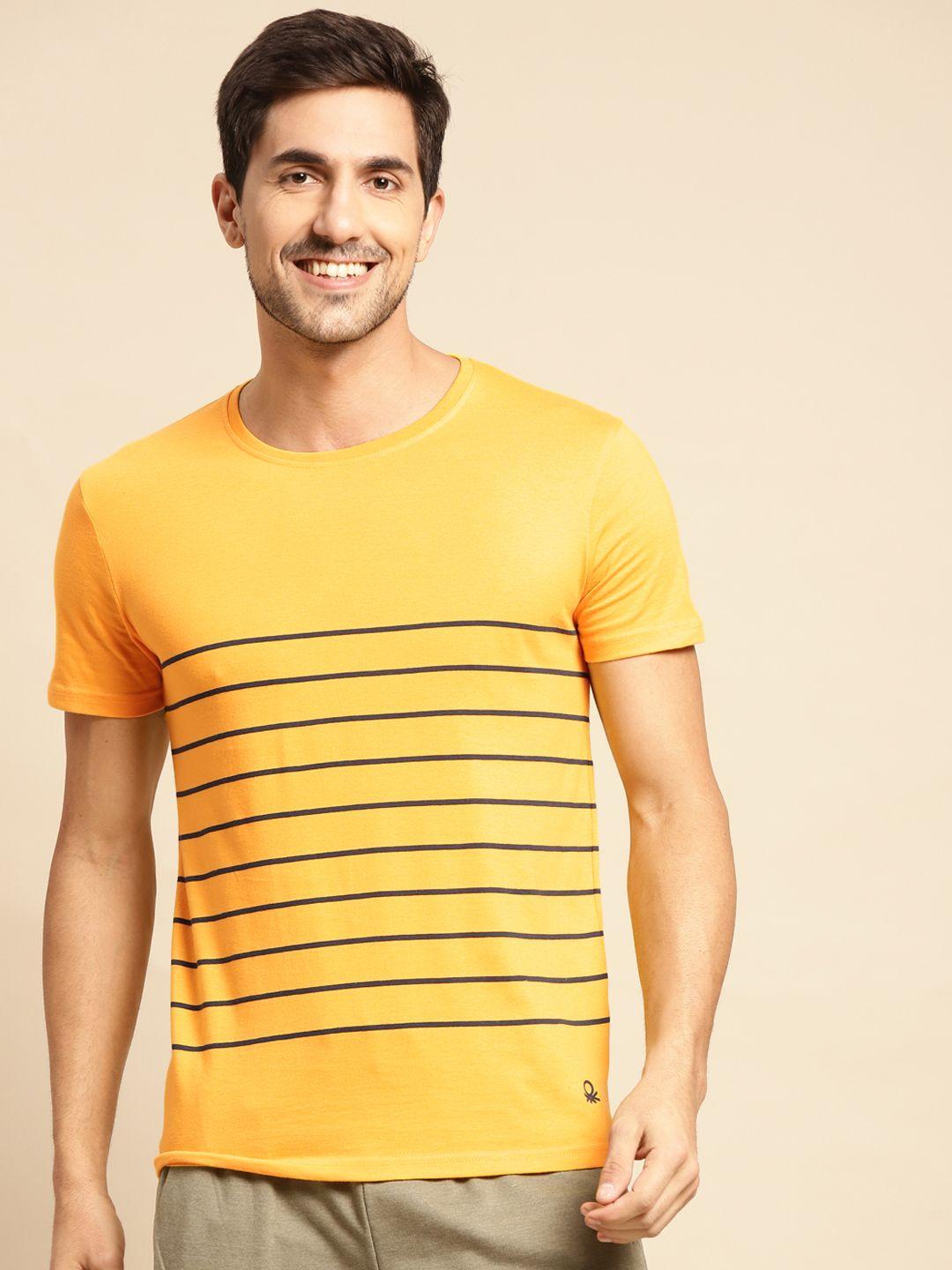 united colors of benetton men mustard yellow & black striped t-shirt