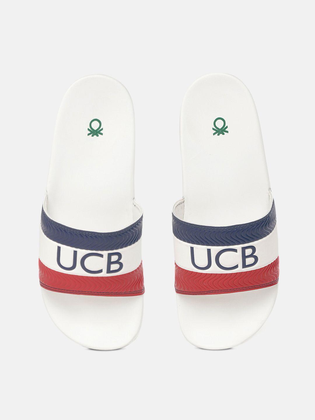 united colors of benetton men navy blue & white brand logo print sliders