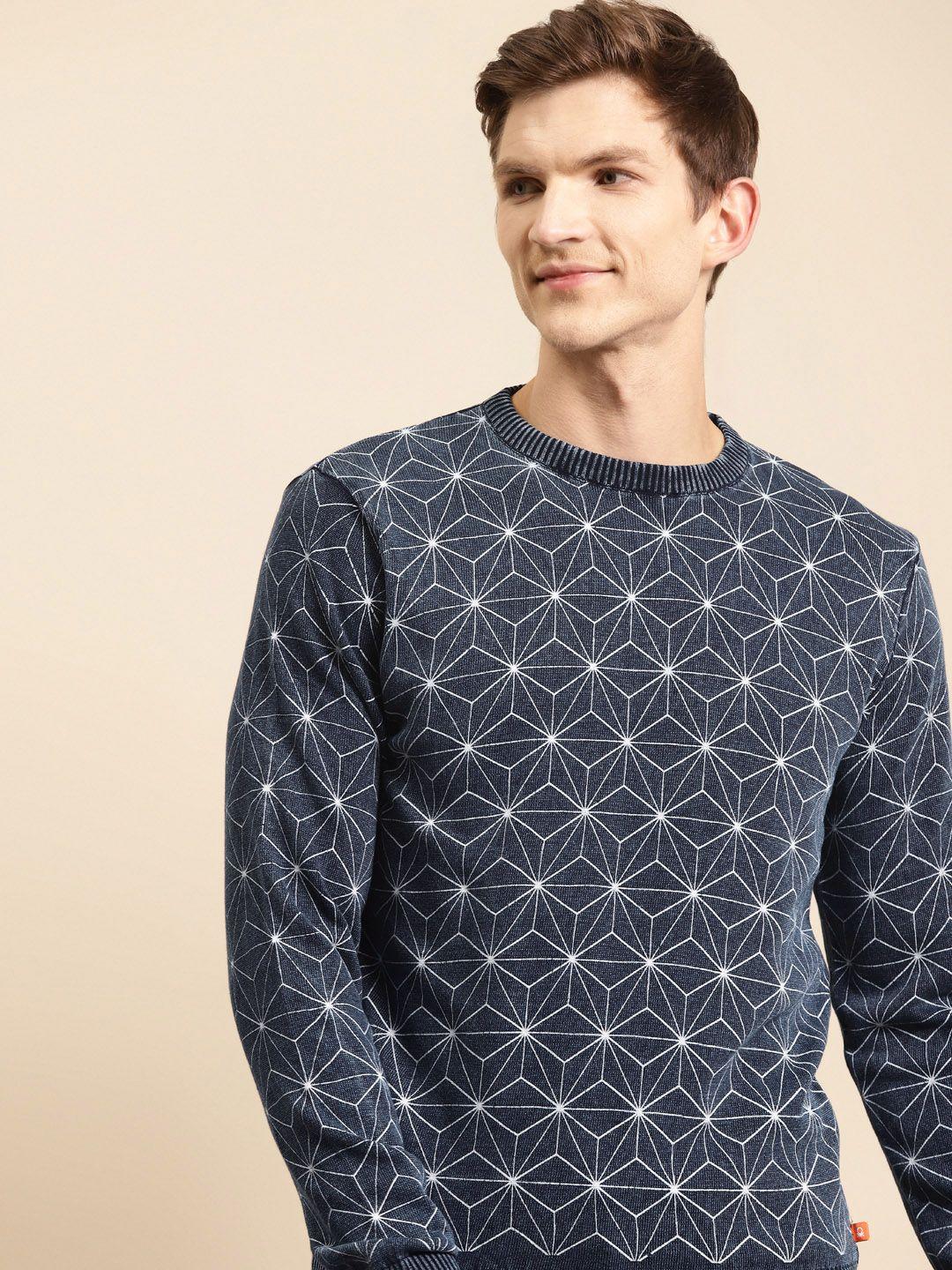 united colors of benetton men navy blue & white pure cotton printed pullover