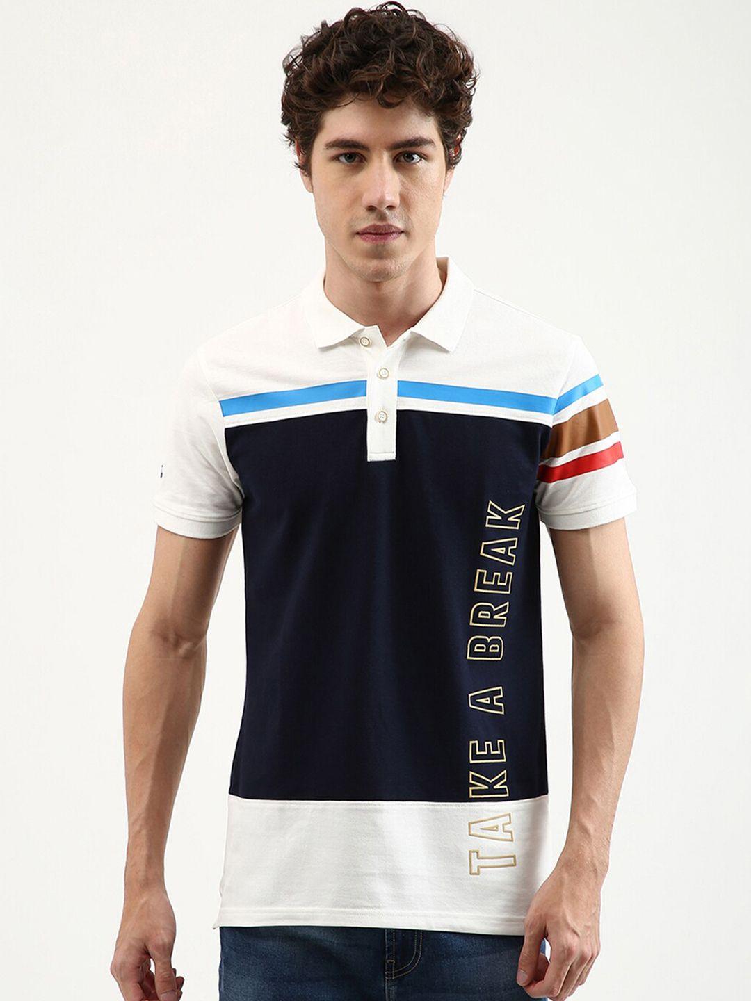 united colors of benetton men navy blue colourblocked cotton polo collar t-shirt