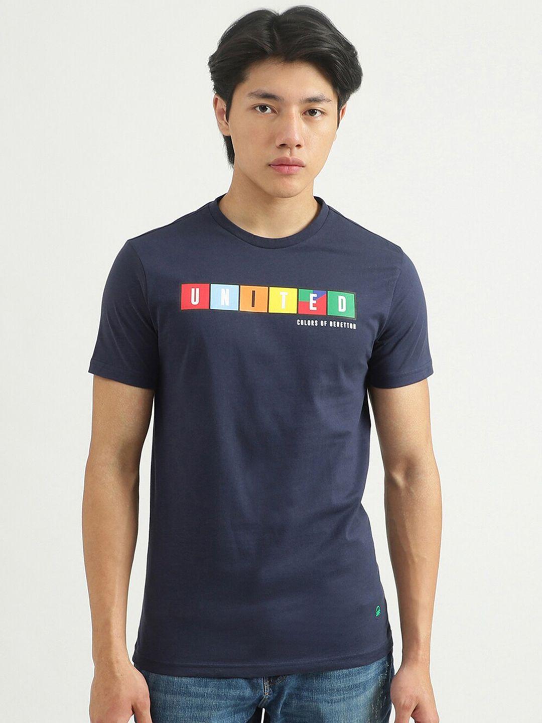 united colors of benetton men navy blue printed round neck t-shirt
