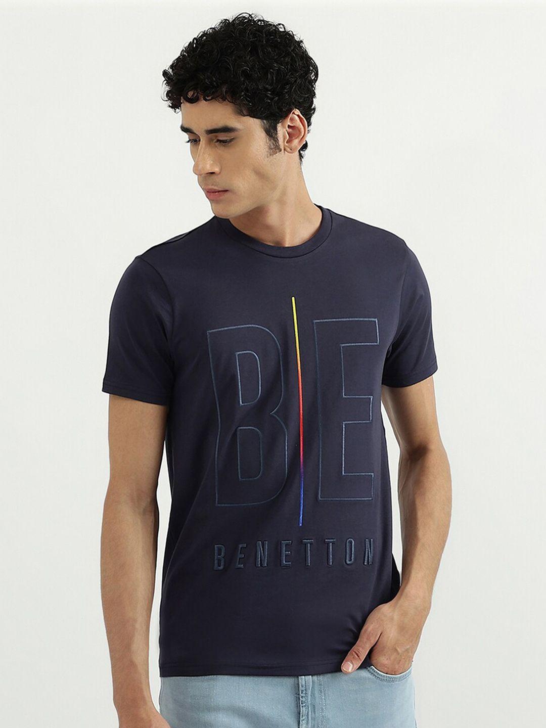united colors of benetton men navy blue typography printed cotton t-shirt