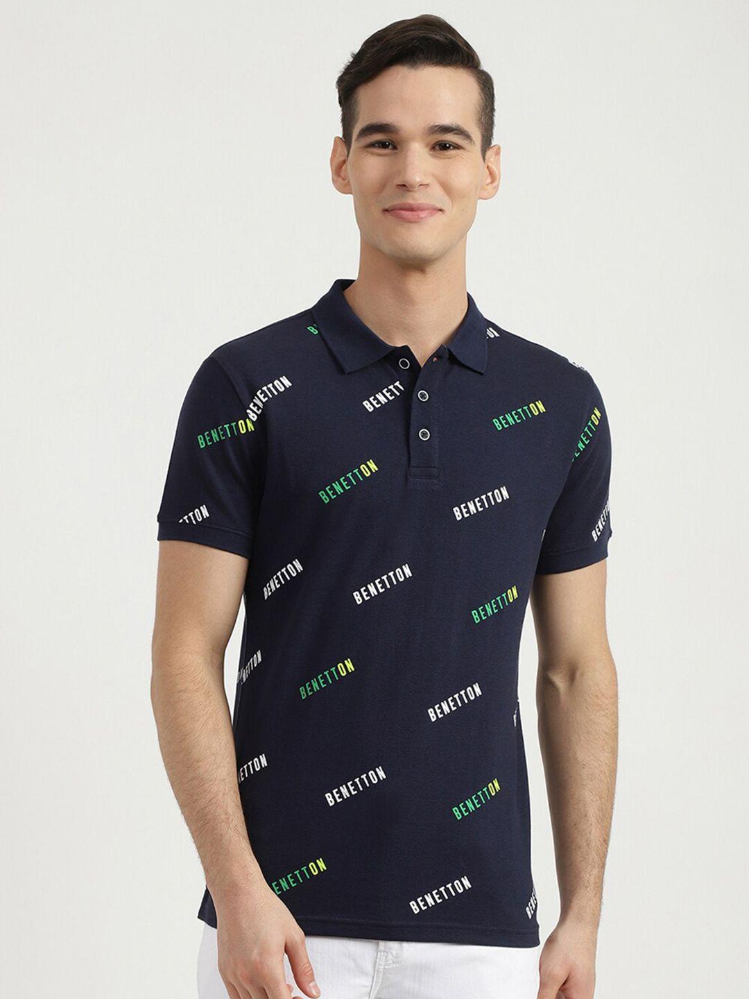 united colors of benetton men navy blue typography printed polo collar otton t-shirt