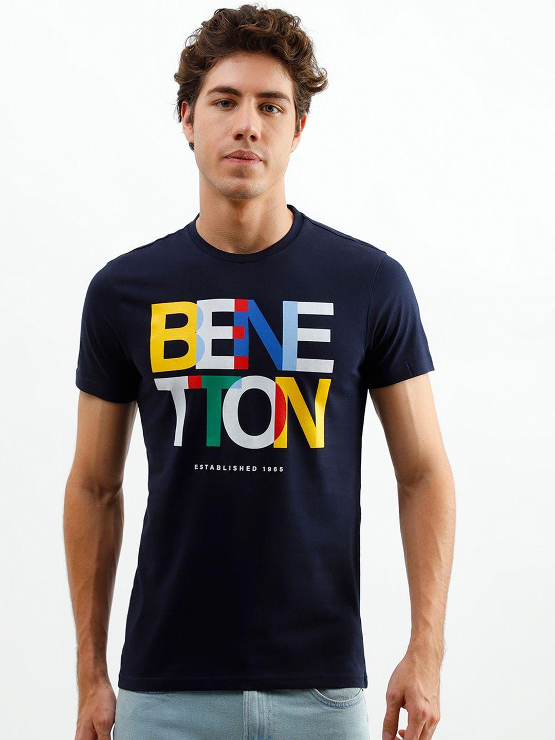 united colors of benetton men navy blue typography printed t-shirt