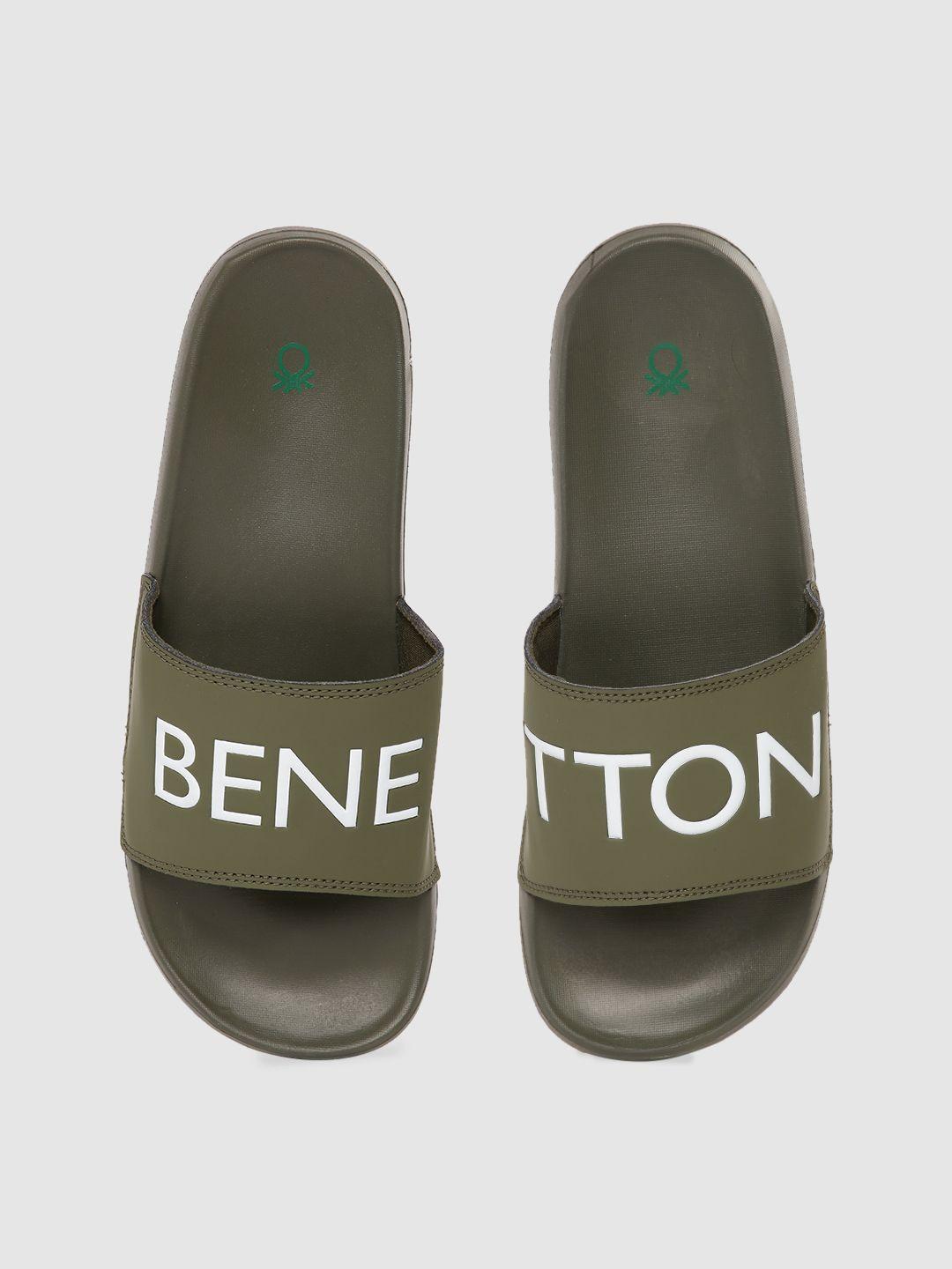united colors of benetton men olive green & white brand logo print sliders