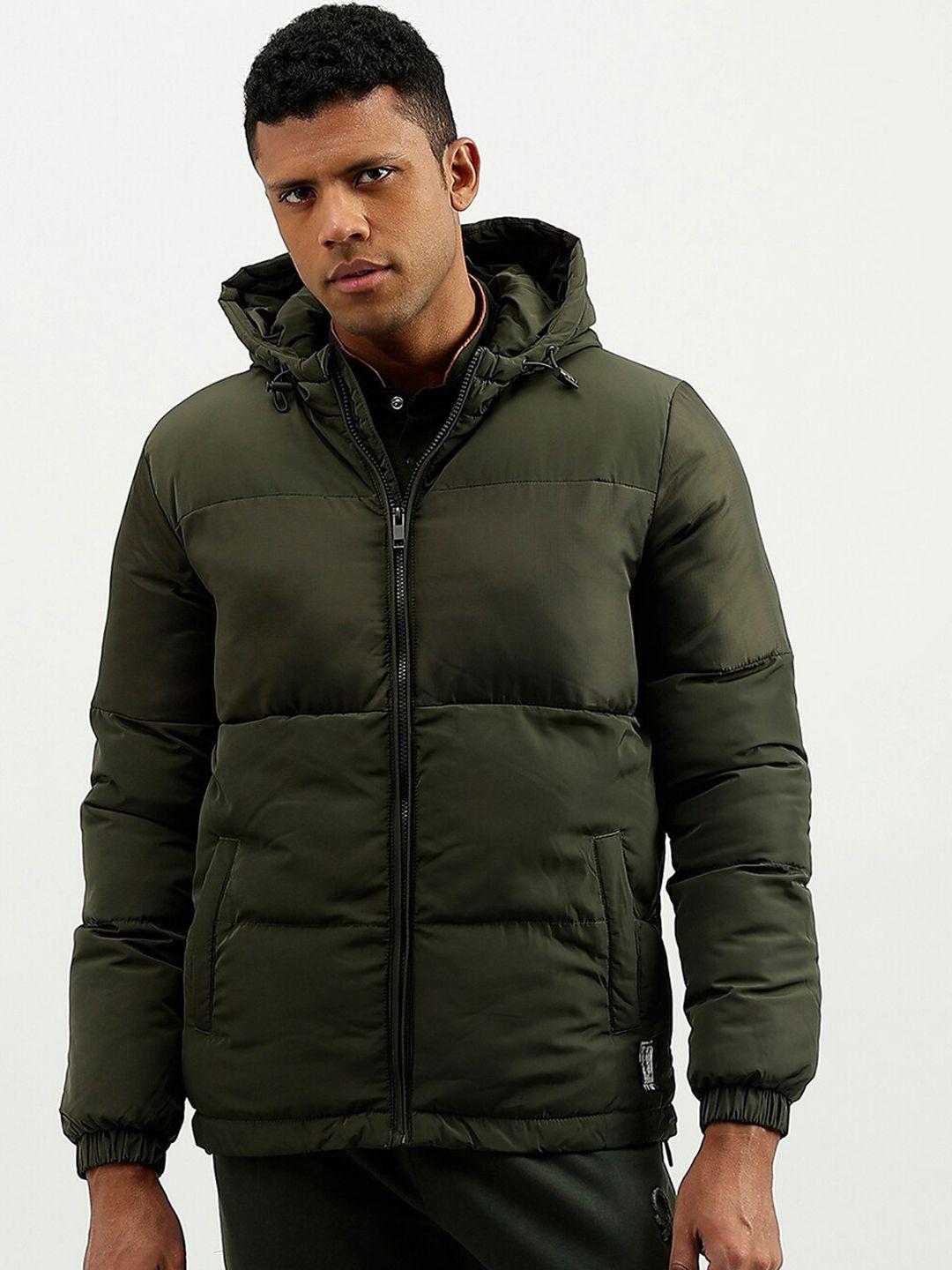 united colors of benetton men olive green camouflage colourblocked padded jacket