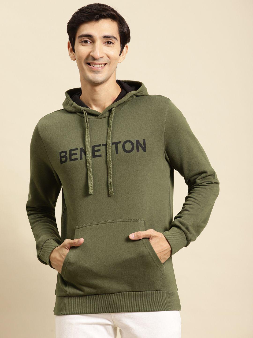 united colors of benetton men olive green logo printed hooded pure cotton sweatshirt