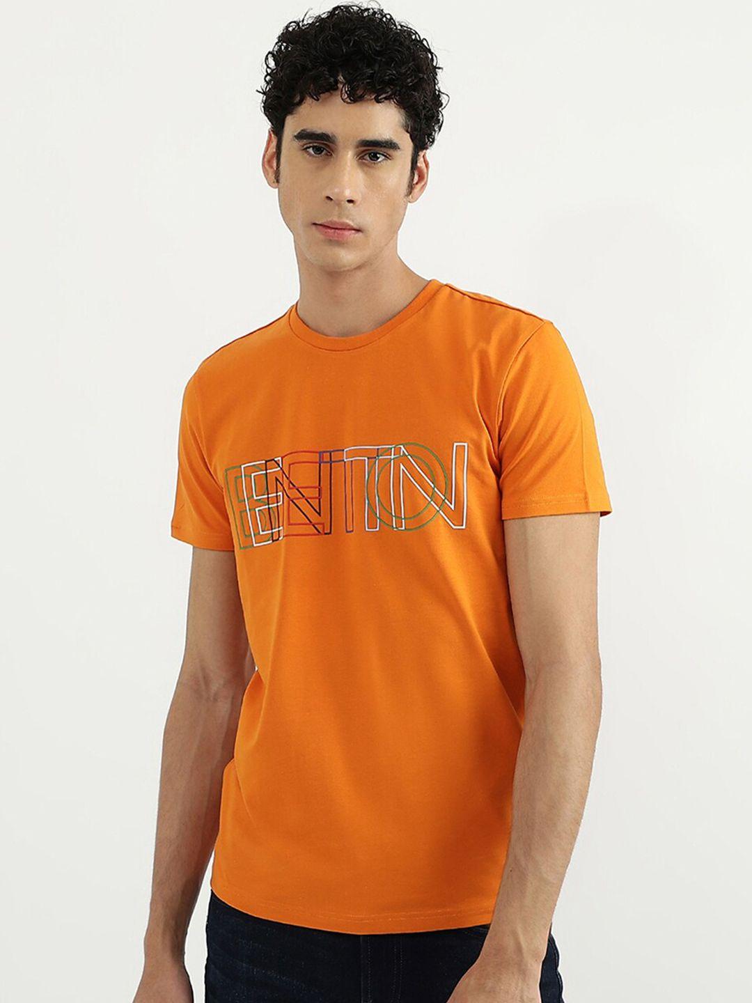 united colors of benetton men orange typography printed cotton t-shirt