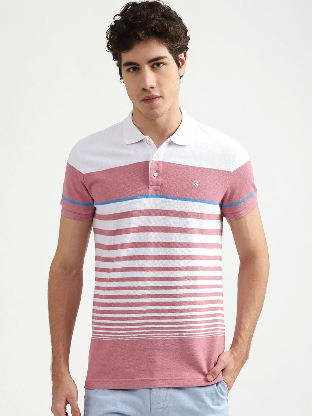 united colors of benetton men pink & white striped cotton polo collar t-shirt