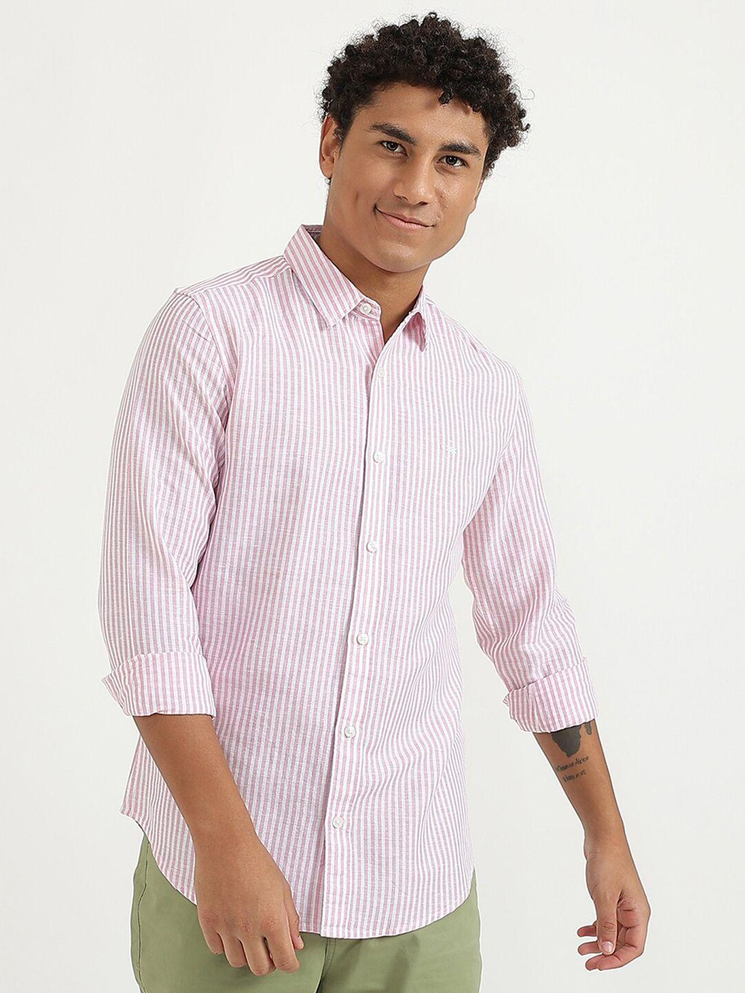 united colors of benetton men pink slim fit striped casual shirt