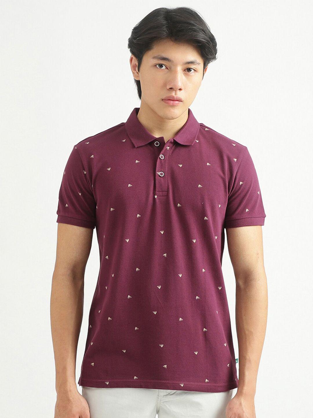 united colors of benetton men purple printed polo collar t-shirt